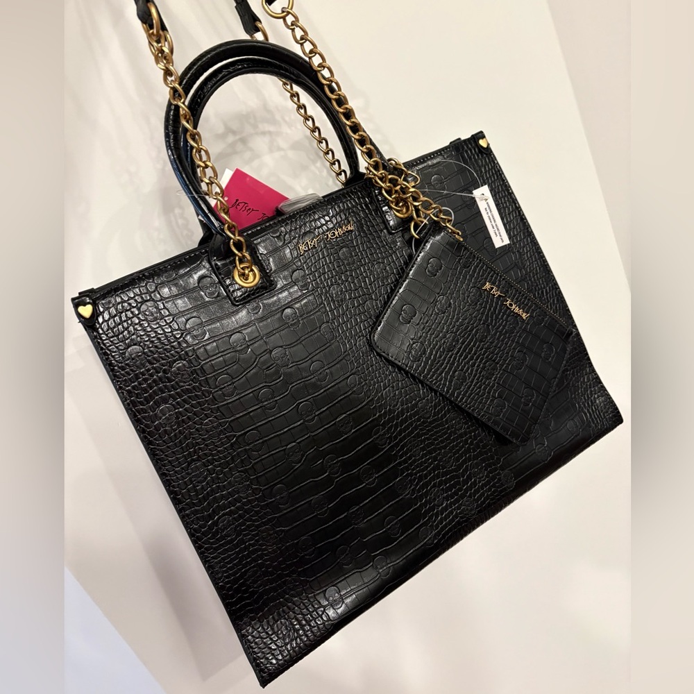 NWT Betsey Johnson Faux crocodile with skulls embossed black large tote handbag